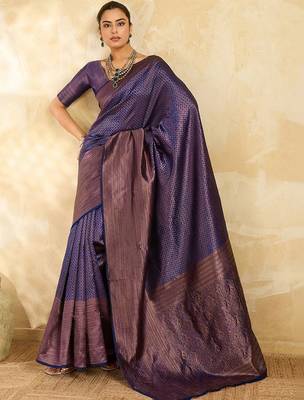 Navy blue floral zari silk blend designer banarasi saree 5