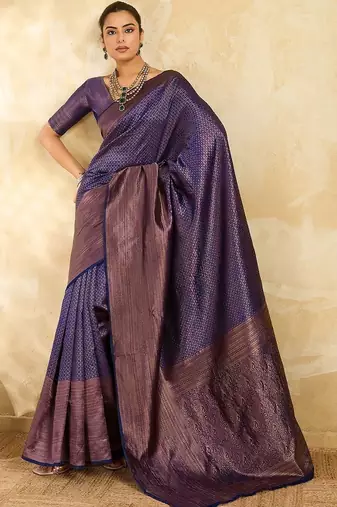 Navy blue floral zari silk blend designer banarasi saree