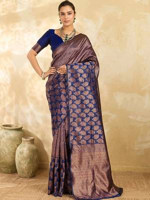 Navy blue floral zari silk blend designer banarasi saree 1