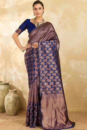 Navy blue floral zari silk blend designer banarasi saree
