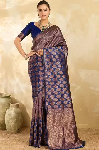 Navy blue floral zari silk blend designer banarasi saree
