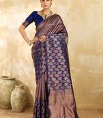 Navy blue floral zari silk blend designer banarasi saree