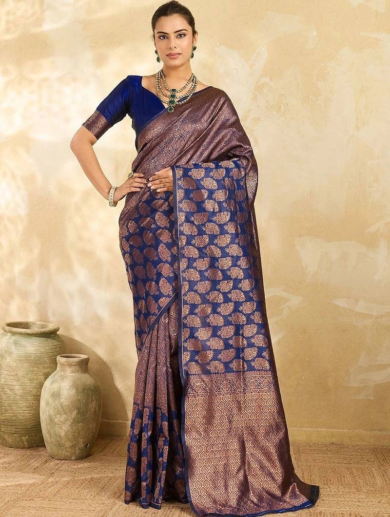 Navy blue floral zari silk blend designer banarasi saree