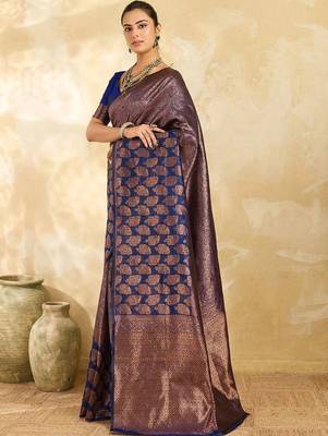 Navy blue floral zari silk blend designer banarasi saree 2