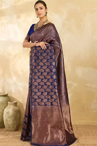 Navy blue floral zari silk blend designer banarasi saree