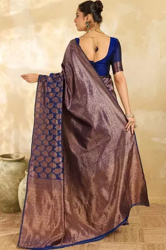 Navy blue floral zari silk blend designer banarasi saree