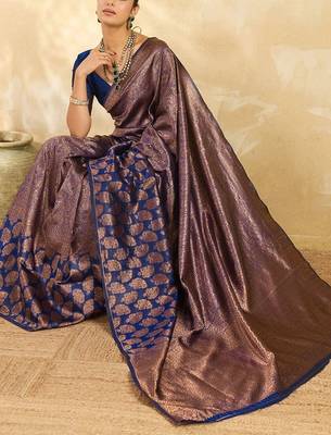 Navy blue floral zari silk blend designer banarasi saree 4