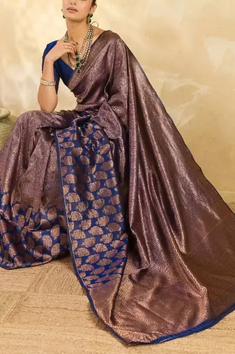 Navy blue floral zari silk blend designer banarasi saree