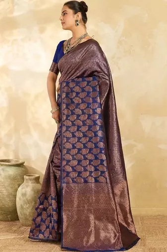Navy blue floral zari silk blend designer banarasi saree