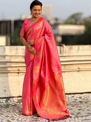 Pink woven design zari silk blend designer banarasi saree 1