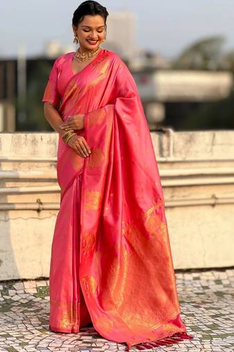 Pink woven design zari silk blend designer banarasi saree
