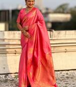 Pink woven design zari silk blend designer banarasi saree