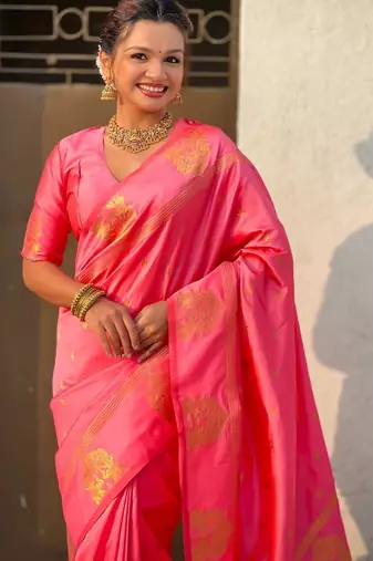 Pink woven design zari silk blend designer banarasi saree