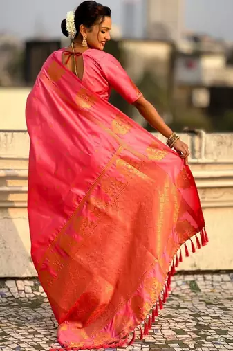 Pink woven design zari silk blend designer banarasi saree