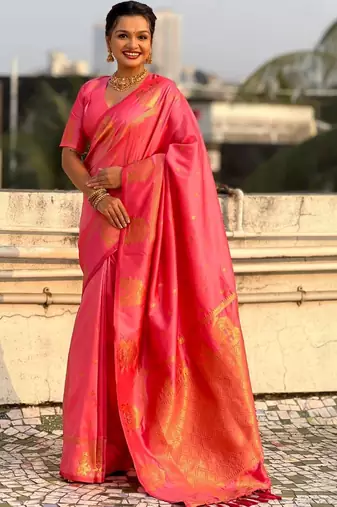 Pink woven design zari silk blend designer banarasi saree