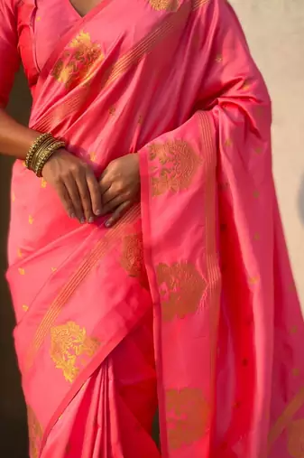 Pink woven design zari silk blend designer banarasi saree