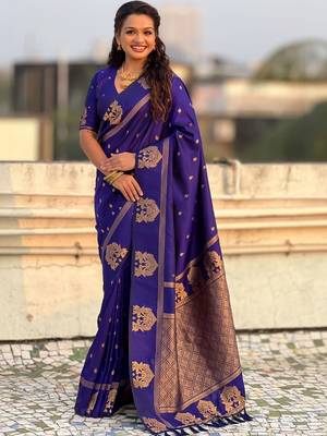Purple woven design zari silk blend designer banarasi saree 1