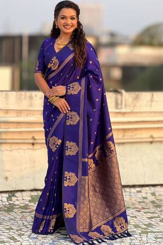Purple woven design zari silk blend designer banarasi saree
