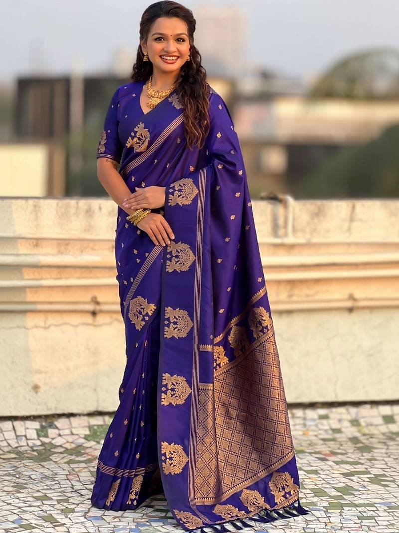 Purple woven design zari silk blend designer banarasi saree