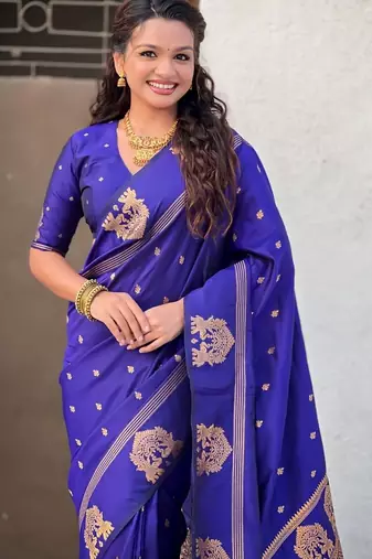 Purple woven design zari silk blend designer banarasi saree