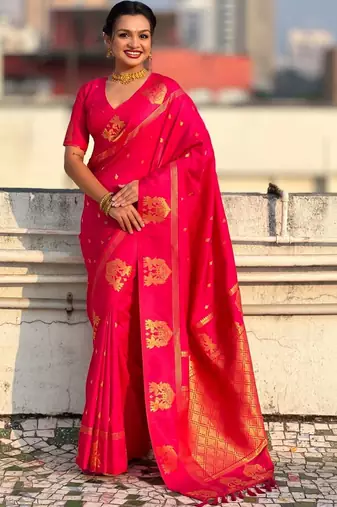 Pink woven design zari banarasi saree with blouse piece