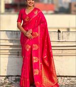 Pink woven design zari banarasi saree with blouse piece