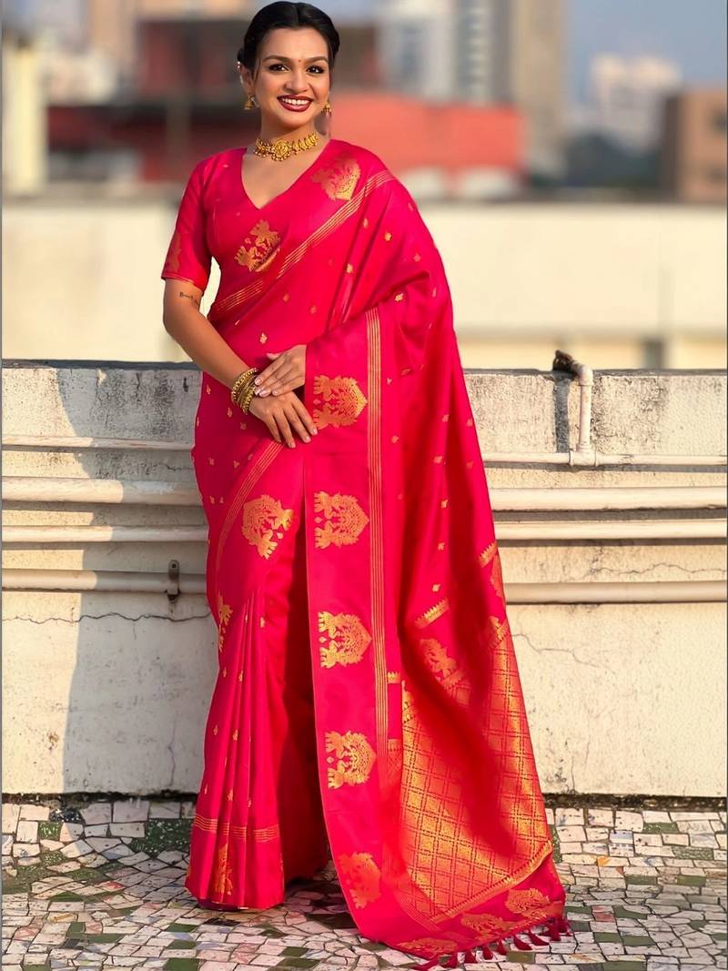 Pink woven design zari banarasi saree with blouse piece