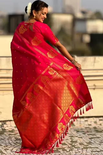 Pink woven design zari banarasi saree with blouse piece