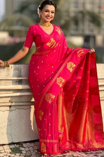 Pink woven design zari banarasi saree with blouse piece