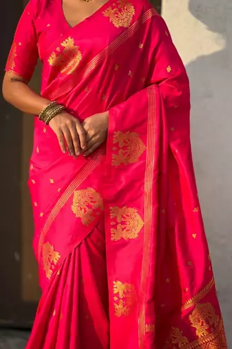 Pink woven design zari banarasi saree with blouse piece