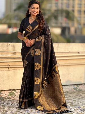 Black woven design zari silk blend designer banarasi saree 1