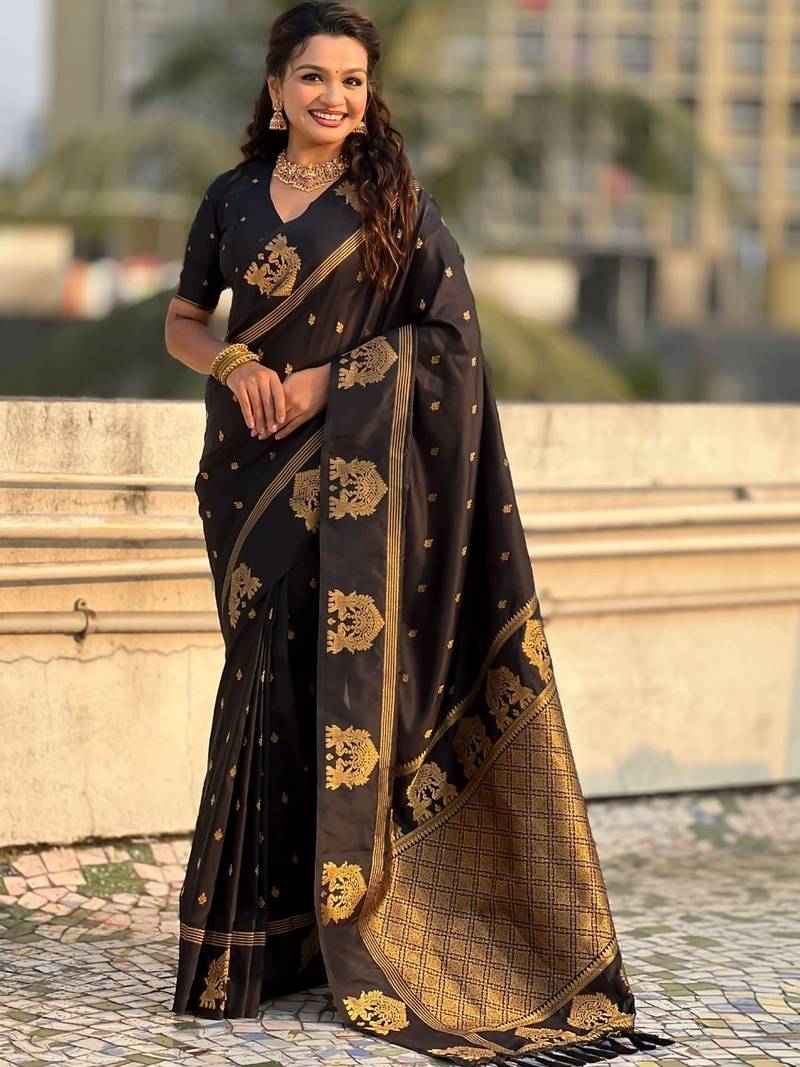 Black woven design zari silk blend designer banarasi saree