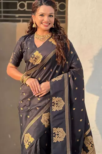 Black woven design zari silk blend designer banarasi saree
