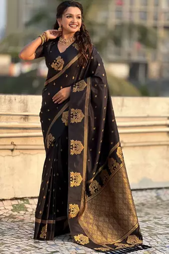 Black woven design zari silk blend designer banarasi saree