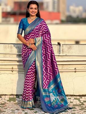 Purple woven design zari banarasi saree with blouse piece 1