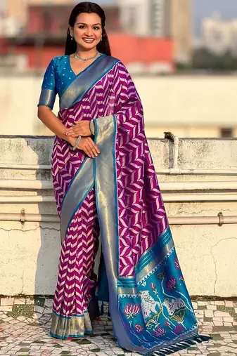 Purple woven design zari banarasi saree with blouse piece