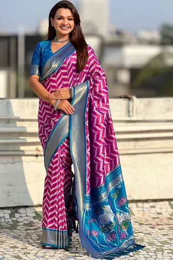 Magenta floral zari silk blend designer banarasi saree