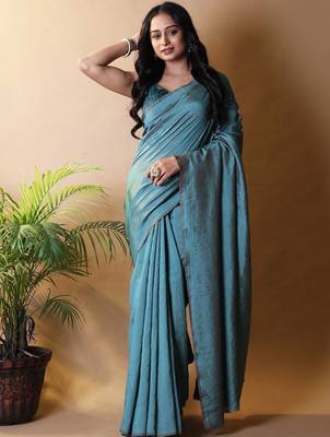 Teal silk cotton saree with blouse piece 1