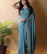 Teal silk cotton saree with blouse piece