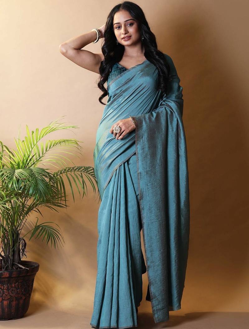 Teal silk cotton saree with blouse piece