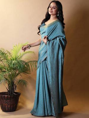 Teal silk cotton saree with blouse piece 2