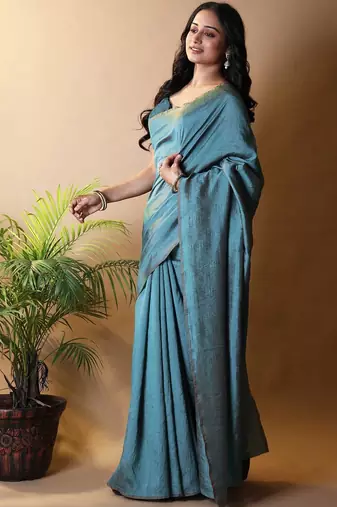 Teal silk cotton saree with blouse piece