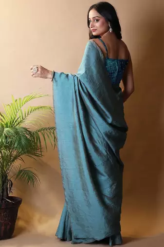 Teal silk cotton saree with blouse piece