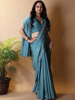 Teal silk cotton saree with blouse piece 4