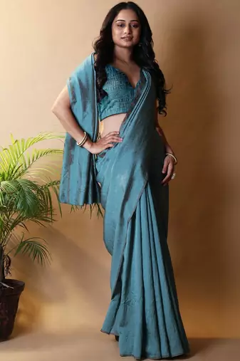Teal silk cotton saree with blouse piece