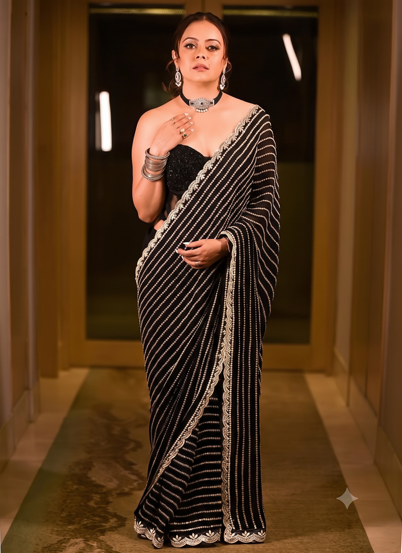 Black Embroidery And sequin Work Georgette Saree