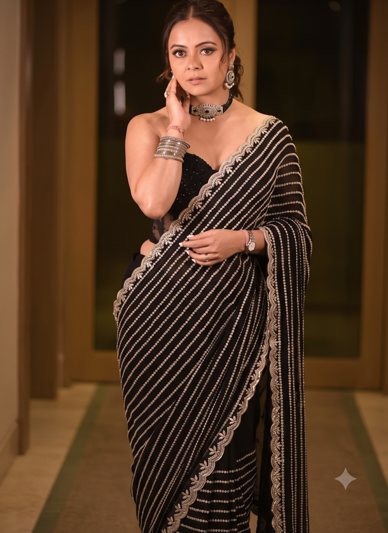 Black Embroidery And sequin Work Georgette Saree