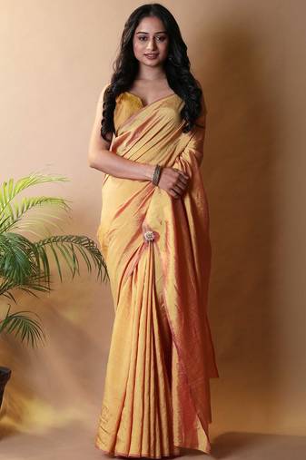 Yellow silk cotton saree with blouse piece