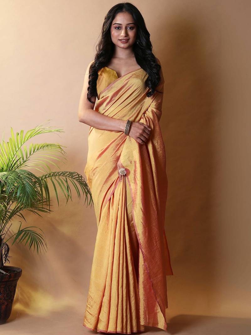 Yellow silk cotton saree with blouse piece