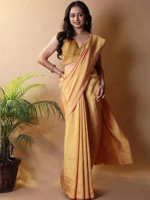 Yellow silk cotton saree with blouse piece 4